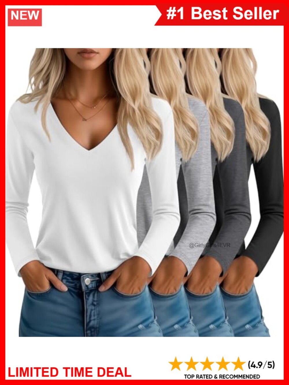 4 Pk Women's V-Neck Long Sleeve Loose Fit T-Shirts Tees